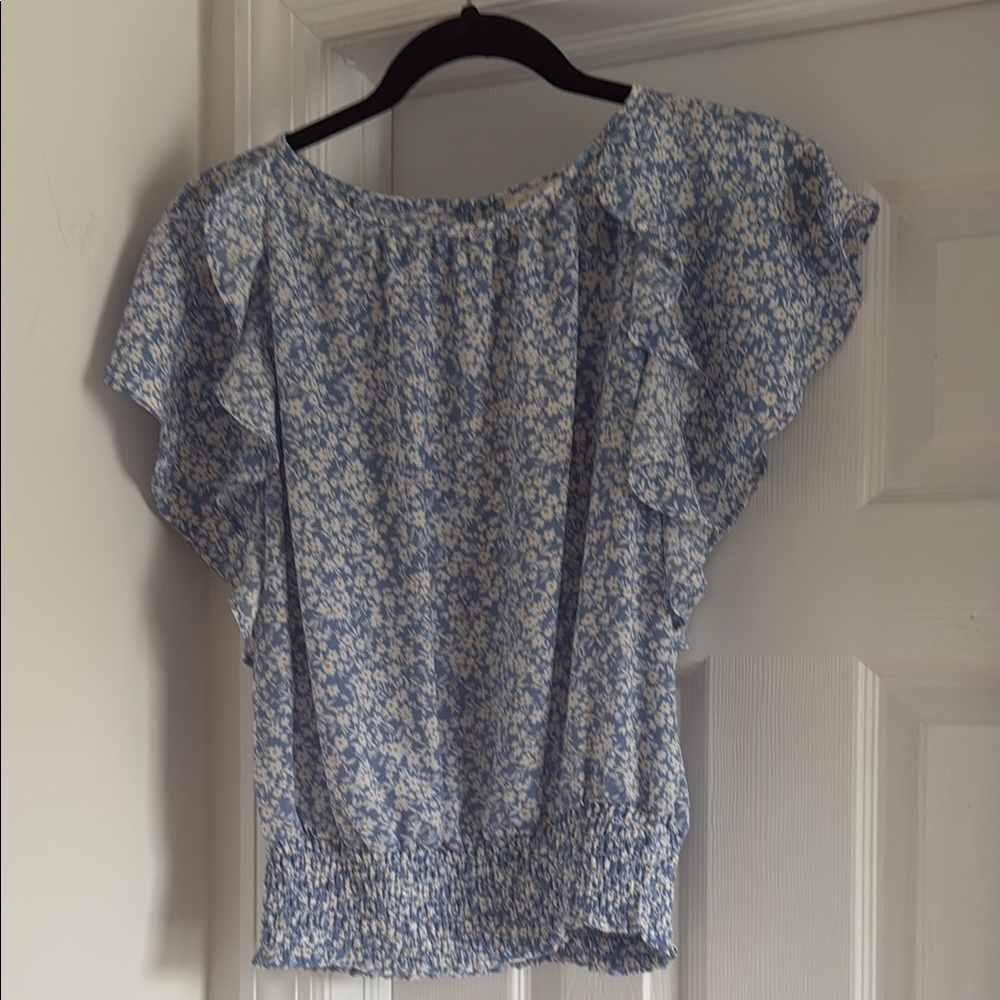 Monteau Blue and White Flutter Sleeve Blouse